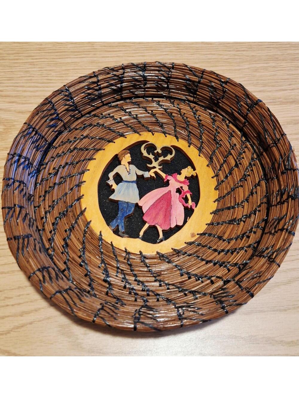Hand-Coiled Pine Needle Basket Wall Hanging w/ Wooden Dancing Couple Inlay